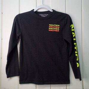 Nautica Shirt Boys M 10-12 Long Sleeve Spell-Out T-Shirt Gray Orange Yellow